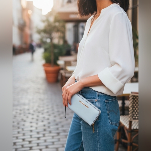 Michael Kors | Bags | Michael Kors Light Blue Preloved Wallet Across 65 ...